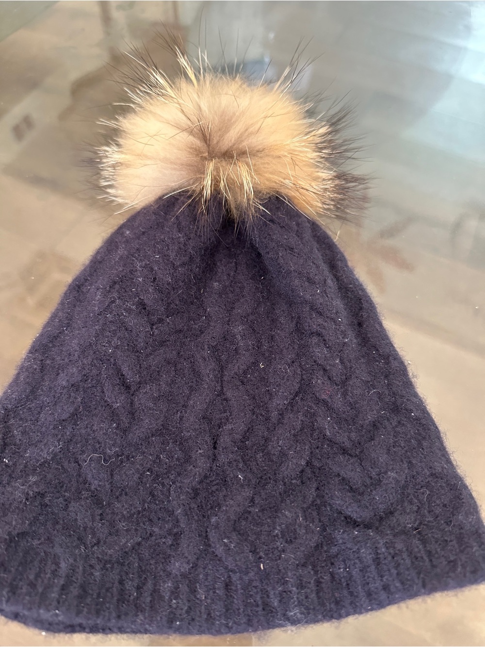 MaxMara Navy Cable Knit Pom Pom Hat with Tan Fur